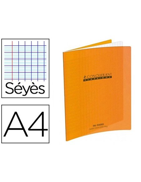 Cahier piqué conquérant classique couverture polypropylène rigide transparente a4 21x29,7cm 96 pages 90g séyès orange.