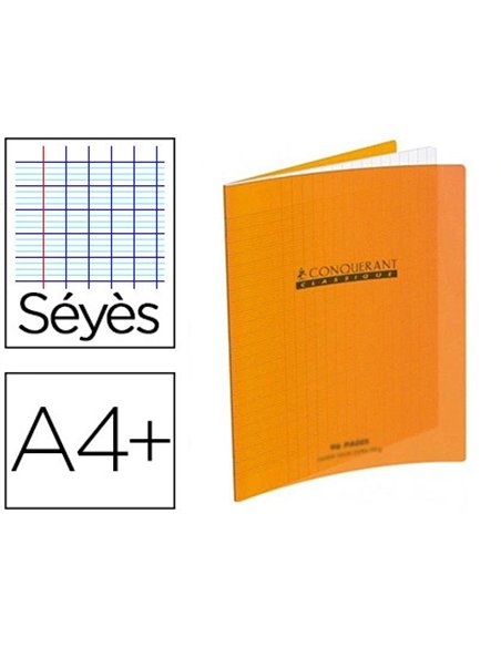 Cahier piqué conquérant classique couverture polypropylène rigide transparente a4+ 24x32cm 96 pages 90g séyès orange.