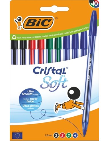 Lot de 10 stylos à bille Bic Cristal Soft - Pointe moyenne 1,2 mm - Course 0,45 mm - Écriture fluide - Couleurs assorties