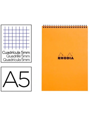 Bloc rhodia classic orange a5 14.8x21cm couverture carte enduite reliure intégrale 80f 80g 5x5mm microperforé.