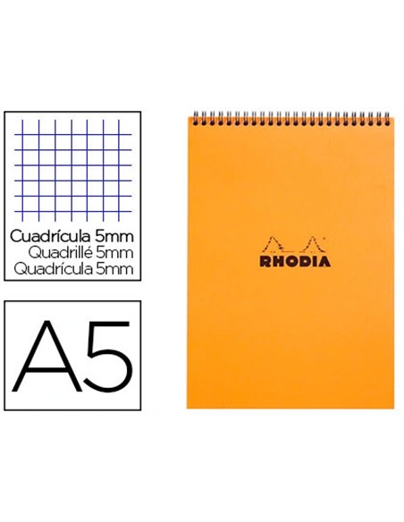 Bloc rhodia classic orange a5 14.8x21cm couverture carte enduite reliure intégrale 80f 80g 5x5mm microperforé.