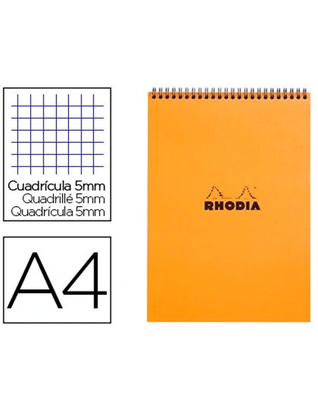 Bloc rhodia classic orange a4 21x29.7cm couverture carte enduite reliure intégrale 80f 80g 5x5mm microperforé.