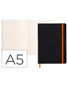 Carnet souple clairefontaine rhodiarama a5 ligné 160 pages papier ivoire 90g fermeture élastique coloris noir.