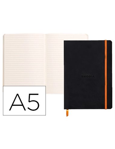 Carnet souple clairefontaine rhodiarama a5 ligné 160 pages papier ivoire 90g fermeture élastique coloris noir.