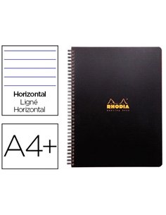 Cahier rhodiactive notebook reliure intégrale noire couverture pp a4+ 22,5x29,7cm 160 pages 90g ligné microperforé.
