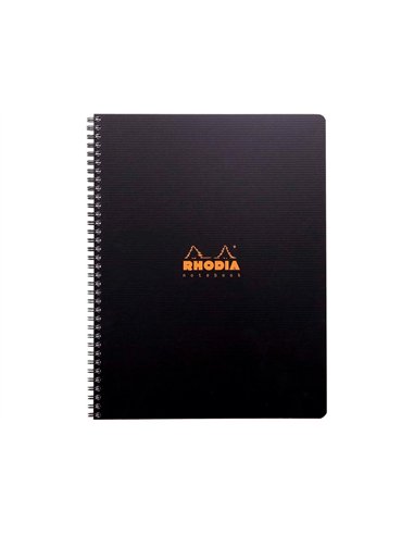 Cahier rhodiactive notebook reliure intégrale noire couverture pp a4+ 22,5x29,7cm 160 pages 90g ligné microperforé.