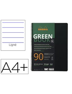 Cahier rhodiactive greenbook ri ligne couverture pp a4+ 23,5x29,8cm 90g 160 pages microperforees perf. 6 trous noir.