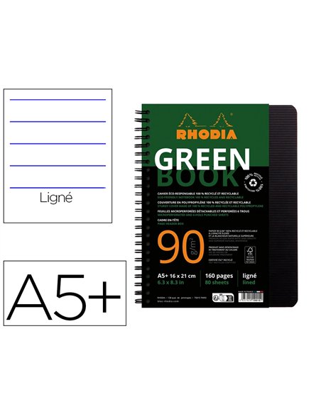 Cahier rhodiactive greenbook ri ligne couverture pp a5+ 17x21cm 90g 160 pages microperforees perf. 6 trous coloris noir.