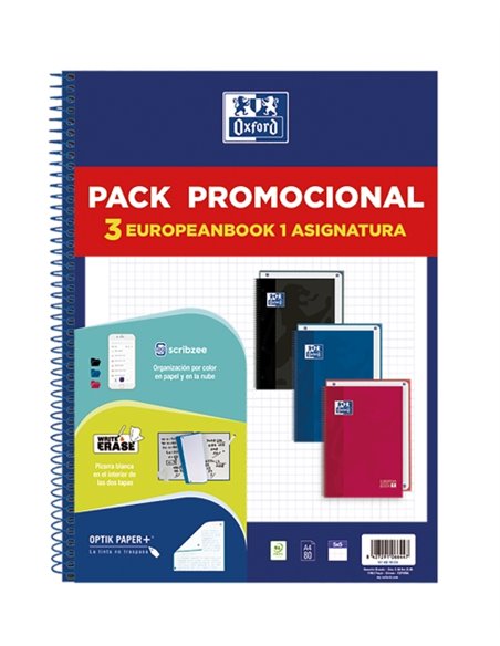 Oxford Europeanbook 1 Classic Pack de 3 cahiers à spirales format A4+ quadrillé 5x5 mm - 80 feuilles 90 g - Couverture extra rig