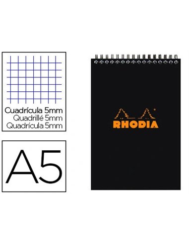 Bloc rhodia classic black a5 14.8x21cm couverture carte enduite reliure intégrale 80f 80g 5x5mm microperforé.