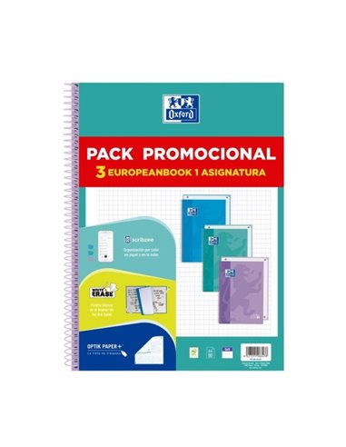 Oxford Europeanbook 1 Touch Pack de 3 Cahiers Spirales Format A4+ Quadrillé 5x5mm - 80 Feuilles 90gr - Couverture Extra Rigide S