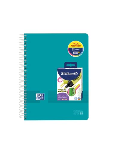 Cahiers à spirale Oxford Europeanbook 8 Live & Go, format A4+, 160 feuilles, quadrillage 5x5, + 4 marqueurs Texmarker 490 Pelika