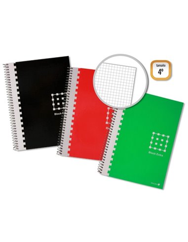 Cahier à spirales doré 4e, 80 feuilles, 60 g/m², quadrillé, marges marquées, couverture extra rigide, couleurs assorties