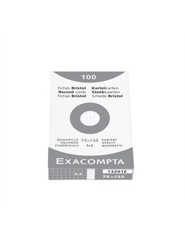 Fiche bristol exacompta quadrillee 5x5 non perforee 75x125mm coloris blanc etui 100 unites.