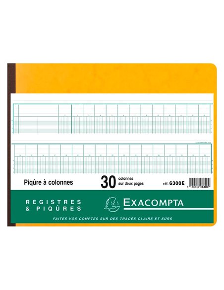 Registre piqûre exacompta colonnes 320x250mm 31 lignes 30 colonnes/2 pages 80 pages.