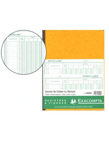 Journal exacompta caisse/banque 250x320mm vertical 33 lignes 80 pages 2 libellés 5 débits 5 crédits.