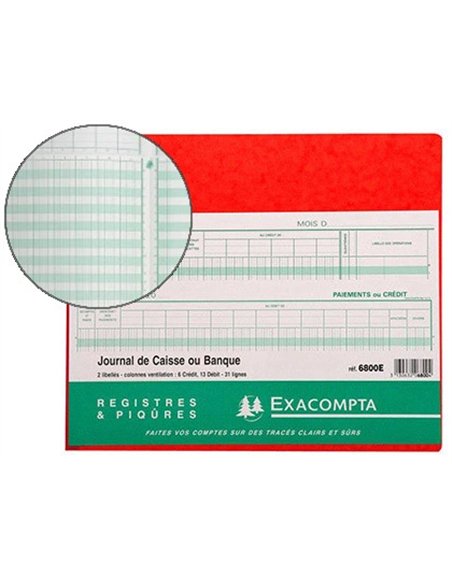 Journal exacompta caisse/banque 270x320mm horizontal 31 lignes 80 pages 2 libellés 9 débits 4 crédits.
