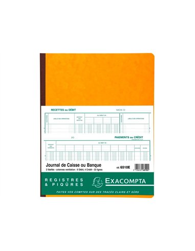Journal exacompta caisse/banque 270x320mm horizontal 31 lignes 80 pages 2 libellés 9 débits 4 crédits.