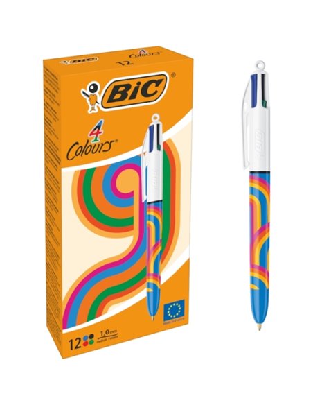 Stylo bille rétractable Bic 4 couleurs Décors Lines - Pointe moyenne 1,0 mm - Encre à l'huile - 4 couleurs