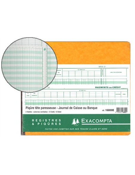 Journal exacompta caisse/banque tête paresseuse 270x320mm horizontal 31 lignes 80 pages 13 débits 6 crédits.