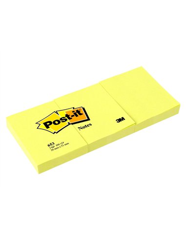 Bloc-notes post-it 653 51x38mm 100f/bloc repositionnables coloris jaune étui 3 blocs.