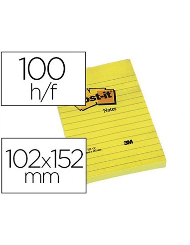 Bloc-notes post-it grand format 102x152mm 100f lignées repositionnables coloris jaune.