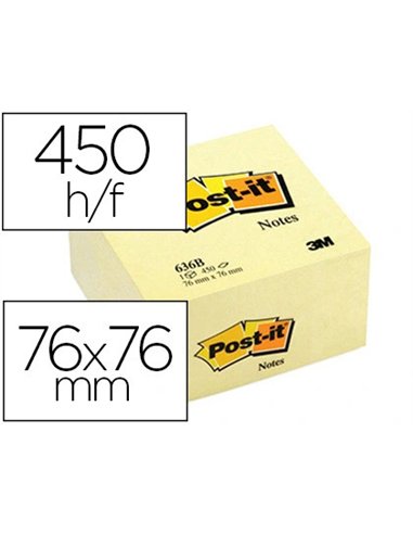 Bloc-notes post-it cube 76x76mm 450f repositionnables coloris jaune 636-b.