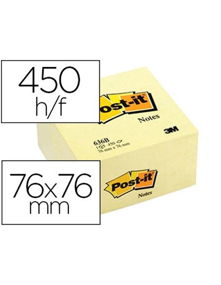 Bloc-notes post-it cube 76x76mm 450f repositionnables coloris jaune 636-b.