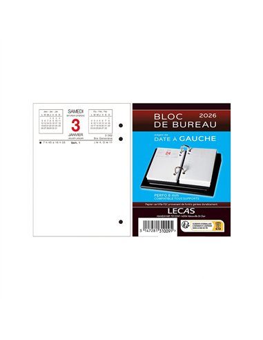 Calendrier lecas 2026 bloc date a gauche 8,5x11,5cm 1 jour/page français.
