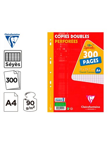 Copie double clairefontaine a4 21x29,7cm papier velin veloute 300 pages 90g seyes perforees sous film coloris blanc.