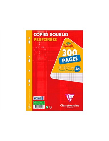 Copie double clairefontaine a4 21x29,7cm papier velin veloute 300 pages 90g seyes perforees sous film coloris blanc.
