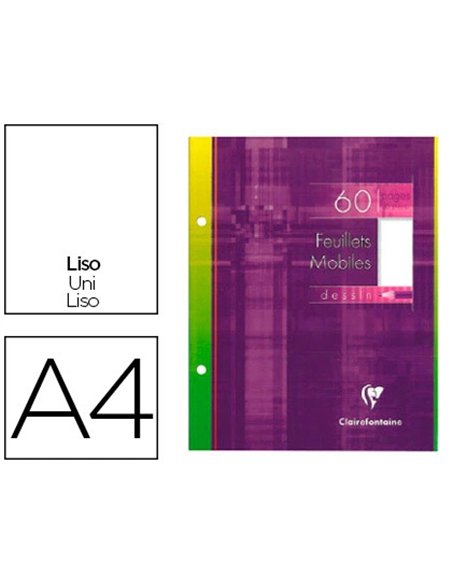 Feuillet mobile clairefontaine a4 21x29,7cm papier dessin 60f 125g perforé coloris assortis.