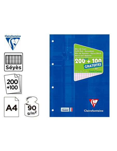 Bloc cours clairefontaine a4 21x29,7cm 200 pages encollees detachables + 100 gratuites papier veloute 90g seyes 4 trous.