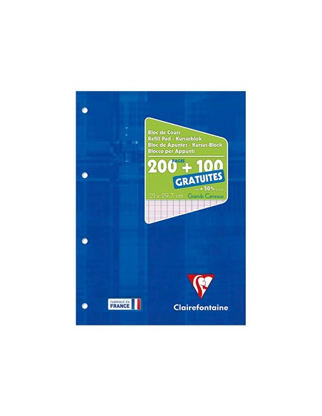 Bloc cours clairefontaine a4 21x29,7cm 200 pages encollees detachables + 100 gratuites papier veloute 90g seyes 4 trous.