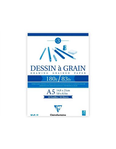 Bloc dessin grain clairefontaine a5 encoll blanc 14,8cmx21cm 180gr 30f.