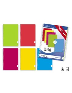 Lot de 5 cahiers à spirales dorés, 80 feuilles, quadrillage 4x4, marges marquées, couverture plastifiée standard, couleurs assor
