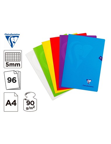 Cahier pique clairefontaine mimesys couverture polypropylene a4 21x29,7cm 96 pages 90g 5x5mm coloris.