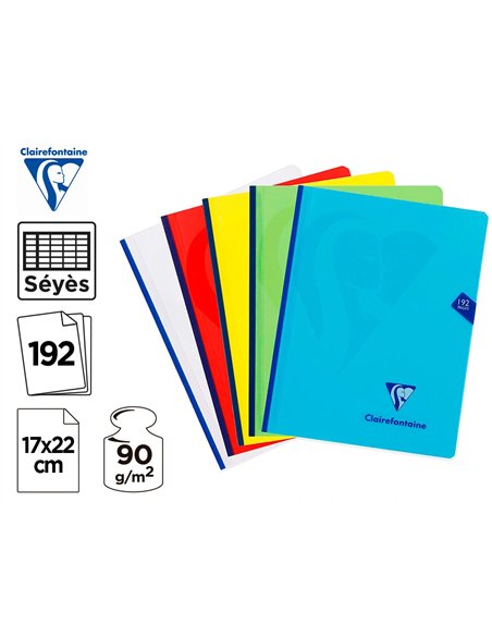 Cahier broche clairefontaine mimesys cousu couverture polypropylene 17x22cm 192 pages 90g seyes coloris.