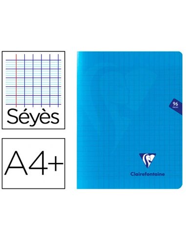 Cahier piqué clairefontaine mimesys couverture polypropylène a4+ 24x32cm 96 pages 90g réglure séyès coloris bleu.