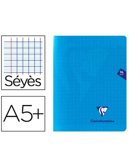 Cahier piqué clairefontaine mimesys couverture polypropylène a5+ 17x22cm 96 pages 90g réglure séyès coloris bleu.