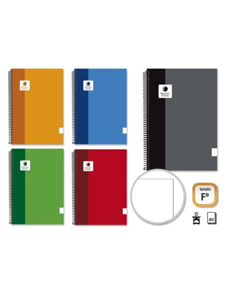 Cahier à spirales Golden Extra Folio 80 feuilles 90 g/m² uni - Marges marquées - Couverture lignée - Couleurs assorties