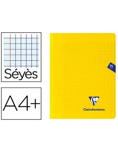 Cahier piqué clairefontaine mimesys couverture polypropylène a4+ 24x32cm 96 pages 90g réglure séyès coloris jaune.