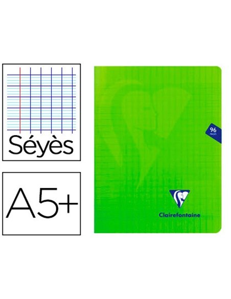 Cahier piqué clairefontaine mimesys couverture polypropylène a5+ 17x22cm 96 pages 90g réglure séyès coloris vert.