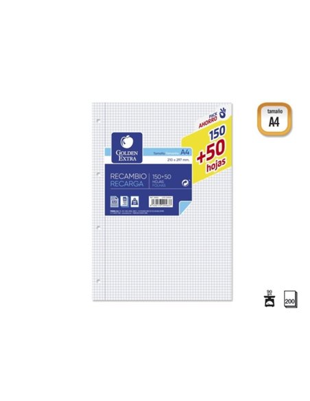 Recharge Golden Extra 200 feuilles 90 g/m², quadrillage 4x4 - Format A4 - 4 trous
