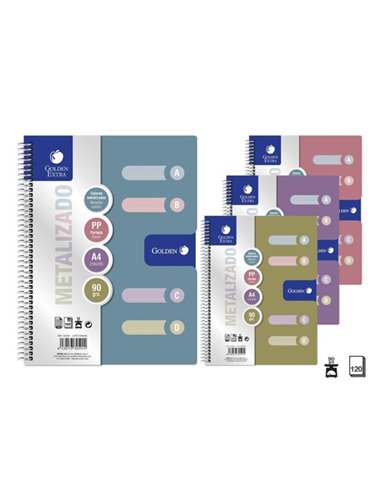 Pack Doré de 6 Cahiers A4 120 Feuilles 90gr Grille 5x5 - 4 Intercalaires - Couverture Polypropylène - Couleurs Métallisées Assor