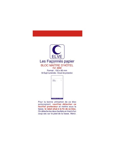 Bloc maître d'hôtel elve papier autocopiant numéroté 1/50 85x150mm 50 duplis bleu rouge.