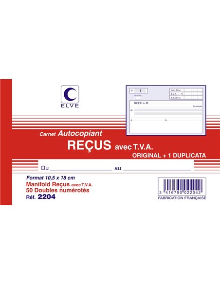 Manifold elve autocopiant 180x105mm foliotage 50 duplis reçus tva.