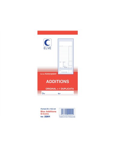 Bloc addition elve papier autocopiant 102x235mm 50 duplis sans numéro.