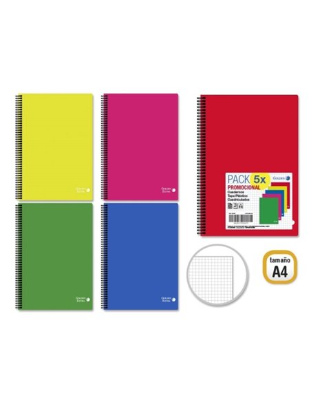 Pack de 5 cahiers A4 Golden Basic 80 feuilles 90 g/m² quadrillé 4x4 - Idéal pour les étudiants - Couverture en polypropylène - C