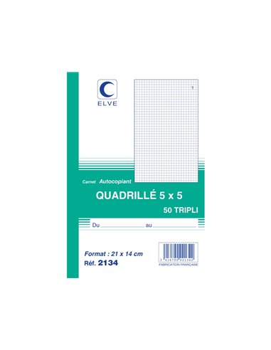 Manifold autocopiant elve 140x210mm quadrillé 5x5 foliotage 50 triplis.